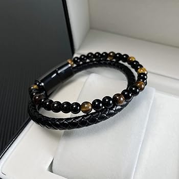Amazon | [KJOET] ブレスレットメンズブラック黒2連数珠